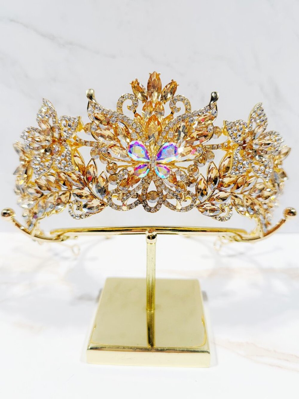 Champagne Crystal Butterfly Tiara Crown Gold Tone Pageant Prom Wedding Headpiece